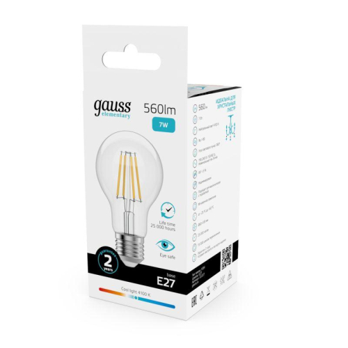 Лампа светодиодная филаментная Filament Elementary А60 7Вт 4100К Е27 560лм GAUSS 22227 фото 6