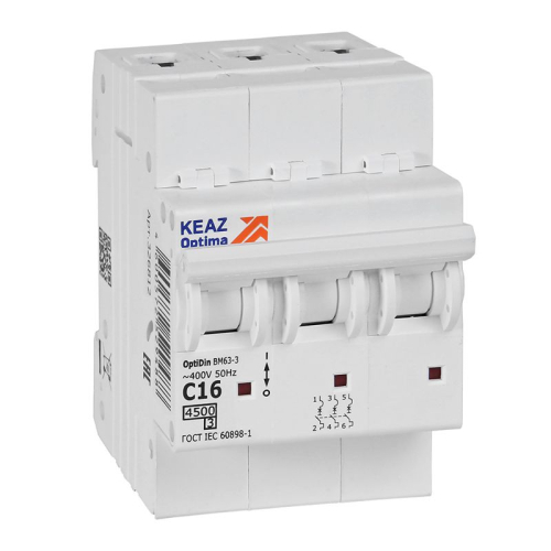 Выключатель автоматический модульный 3п C 16А OptiDin BM63-3C16-4.5-УХЛ3 КЭАЗ 326812 Выключатель автоматический модульный 3п C 16А OptiDin BM63-3C16-4.5-УХЛ3 КЭАЗ 326812
