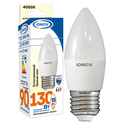Лампа светодиодная C37 15Вт свеча 4000К E27 230В IONICH 1904 Лампа светодиодная C37 15Вт свеча 4000К E27 230В IONICH 1904