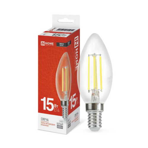 Лампа светодиодная филаментная LED-СВЕЧА-deco свеча прозрачная 15Вт 230В E14 4000К 1455лм IN HOME 4690612055954