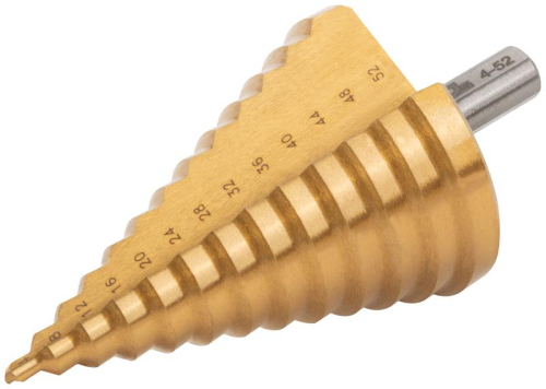 Сверло ступенчатое HSS по металлу 13 ступеней 4-8-12-16-20-24-28-32-36-40-44-48-52мм MOS 36387М фото 2