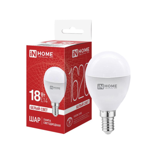 Лампа светодиодная LED-ШАР-VC 18Вт шар 4000К E14 1620лм 230В IN HOME 4690612065366 Лампа светодиодная LED-ШАР-VC 18Вт шар 4000К E14 1620лм 230В IN HOME 4690612065366