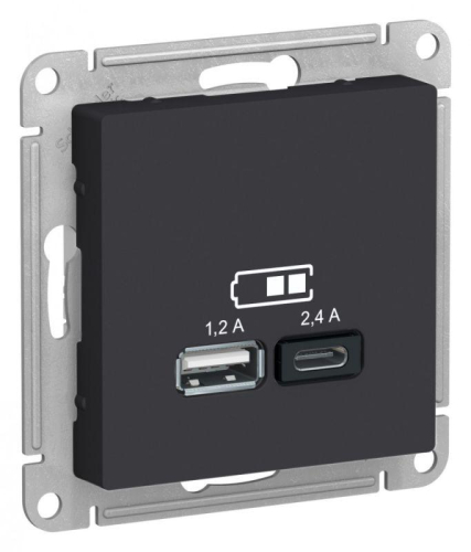 Розетка USB AtlasDesign тип A+C 5В/2.4А 2х5В/1.2А механизм карбон SE ATN001039