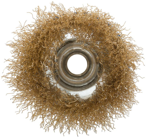 Корщетка тип "чашка" гайка М14 стальная латунированная волнистая проволока 75мм MOS 38942М фото 4