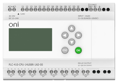 Модуль ЦПУ ПЛК 410 8 DI 6 UI (0-10В/DI) 8 RO 12В-24В DC или 24В AC с Ethernet портом с экраном ONI PLC-410-CPU-14U08R-1AD-00 фото 2 Модуль ЦПУ ПЛК 410 8 DI 6 UI (0-10В/DI) 8 RO 12В-24В DC или 24В AC с Ethernet портом с экраном ONI PLC-410-CPU-14U08R-1AD-00 фото 2