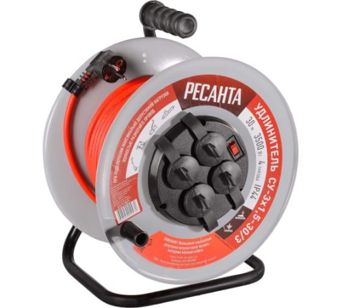Удлинитель на метал. катушке 4х30м IP44 СУ-3х1.5-30/3 с выкл. Ресанта 61/118/7 фото 2