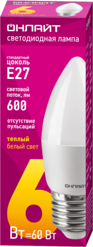 Лампа светодиодная 71 630 OLL-C37-6-230-2.7K-E27-FR 6Вт свеча 2700К тепл. бел. E27 600лм 176-264В ОНЛАЙТ 71630 фото 2