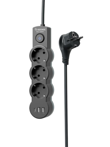 Удлинитель 3х3м с заземл. 10А IP20 USB 2800Вт 220В ПВС 3х1 с выкл. черн. КОСМОС YKsm3m3g-Z-VU10А-B фото 4 Удлинитель 3х3м с заземл. 10А IP20 USB 2800Вт 220В ПВС 3х1 с выкл. черн. КОСМОС YKsm3m3g-Z-VU10А-B фото 4