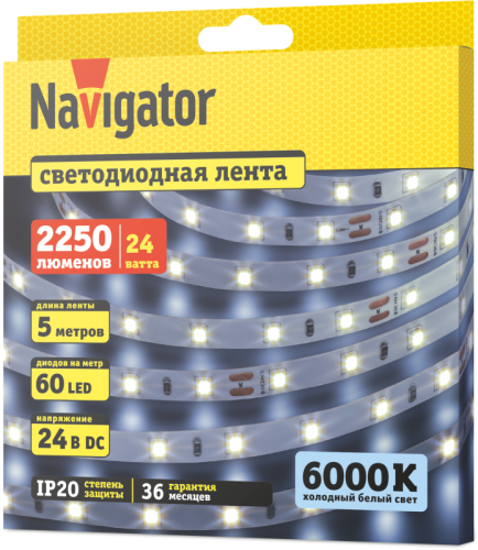 Лента светодиодная 95 295 NLS-2835CW60-4.8-IP20-24V (уп.5м) Navigator 95295 фото 2