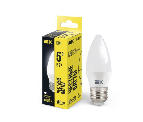 Лампа светодиодная 5Вт C35 свеча 4000К нейтр. бел. E27 450лм 230-240В IEK LLE-C35-5-230-40-E27