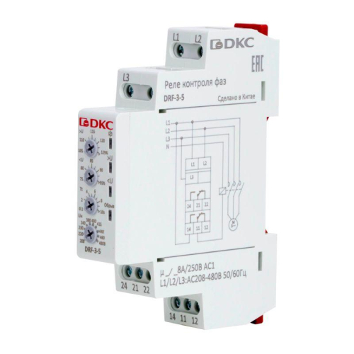 Реле контроля фаз 3ф тип DRF контроль напряжения контроль обрыва фаз конфигурация контакта 2CO 208-480В DKC DRF-3-5 фото 3