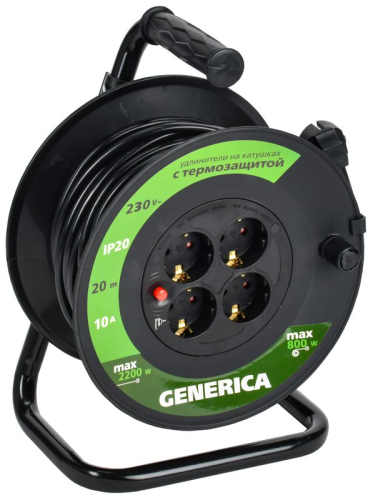 Удлинитель на катушке 4х20м 10А IP20 УК20 2P+PE 3х1 термозащита GENERICA WKP10-10-04-20-G Удлинитель на катушке 4х20м 10А IP20 УК20 2P+PE 3х1 термозащита GENERICA WKP10-10-04-20-G