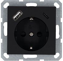 Розетка Shuko 16А с заземл. защ. шторки с 2-мя заряд. устройствами USB тип A+C 25Вт механизм черн. матов. soft touch Jasmart G5501USB-25PB