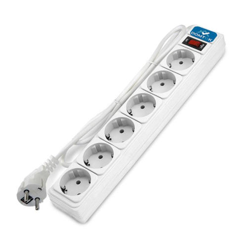 Удлинитель с сетевым фильтром 6х3м с заземл 10А IP20 2.2кВт ПВС 3х1 с выкл. бел. DOMTOK 2516 Удлинитель с сетевым фильтром 6х3м с заземл 10А IP20 2.2кВт ПВС 3х1 с выкл. бел. DOMTOK 2516