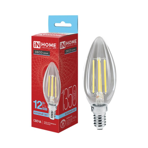 Лампа светодиодная LED-СВЕЧА-deco 12Вт свеча прозрачная 6500К E14 1350лм 230В IN HOME 4690612063287 Лампа светодиодная LED-СВЕЧА-deco 12Вт свеча прозрачная 6500К E14 1350лм 230В IN HOME 4690612063287