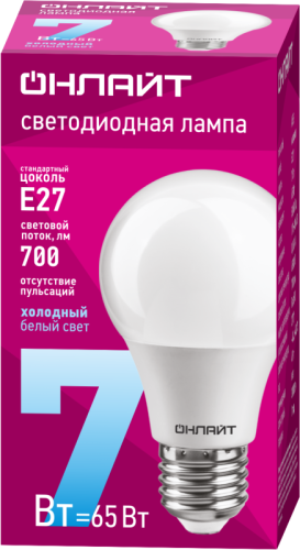 Лампа светодиодная 61 139 OLL-A60-7-230-6.5K-E27 7Вт грушевидная 6500К холод. бел. E27 700лм 176-264В ОНЛАЙТ 61139 фото 3