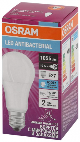 Лампа светодиодная LED Antibacterial A 10Вт грушевидная матовая 6500К холод. бел. E27 1055лм 220-240В угол пучка 200град. бактерицидн. покрыт. (замена 100Вт) OSRAM 4058075561090 фото 3