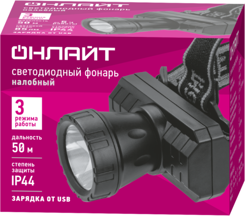 Фонарь светодиодный налобный 90 860 OPT-H04-ACCU 1COBХ3Вт 3реж 85лм 3.7В li-ion 0.6А IP44 ОНЛАЙТ 90860 фото 2