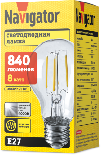 Лампа светодиодная 61 345 NLL-F-A60-8-230-4K-E27 8Вт грушевидная прозрачная 4000К нейтр. бел. E27 840лм 176-264В Navigator 61345 фото 2