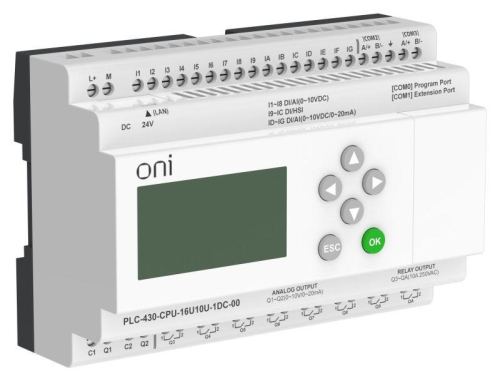 Модуль ЦПУ ПЛК 430 4 DI 12 UI (0-10В/DI) 8 RO 2 AO (1шт 0-10В и 1шт 0-20мА) 24В DC с Ethernet портом с экраном ONI PLC-430-CPU-16U10U-1DC-00 фото 5