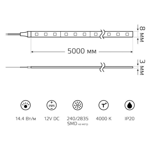 Лента светодиодная Basic 2835/240-SMD 14.4Вт/м 4000К нейтр. бел. IP20 1600лм/м 12В 10мм (уп.5м) GAUSS BT086 фото 6 Лента светодиодная Basic 2835/240-SMD 14.4Вт/м 4000К нейтр. бел. IP20 1600лм/м 12В 10мм (уп.5м) GAUSS BT086 фото 6