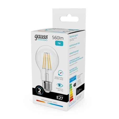 Лампа светодиодная филаментная Filament Elementary А60 7Вт 4100К Е27 560лм GAUSS 22227 фото 5