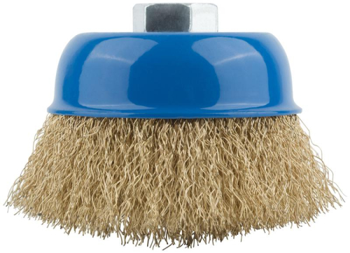 Корщетка тип "чашка" гайка М14 стальная латунированная волнистая проволока 75мм MOS 38942М фото 2