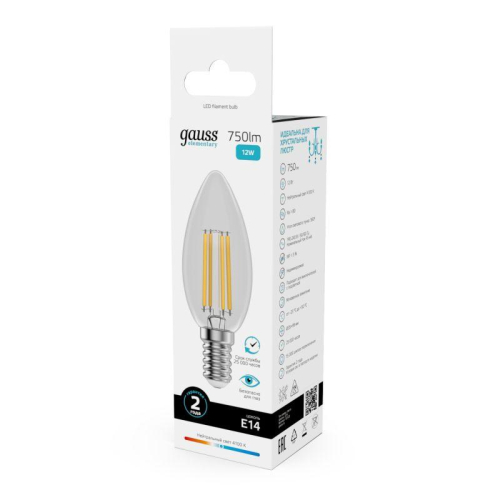 Лампа светодиодная филаментная Filament Elementary 12Вт свеча 4100К Е14 750лм GAUSS 32122 фото 2