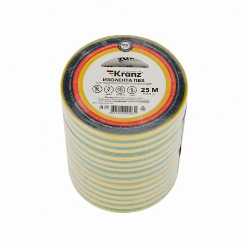 Изолента ПВХ 0.13х19мм 25м желт./зел. (уп.5шт) Kranz KR-09-2207 фото 3