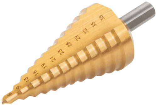 Сверло ступенчатое HSS по металлу 12 ступеней 6-9-13-16-19-21-23-26-29-32-35-38мм MOS 36386М фото 2