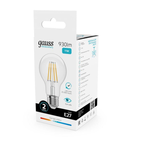 Лампа светодиодная филаментная Filament Elementary А60 11Вт 4100К Е27 930лм GAUSS 22221 фото 2