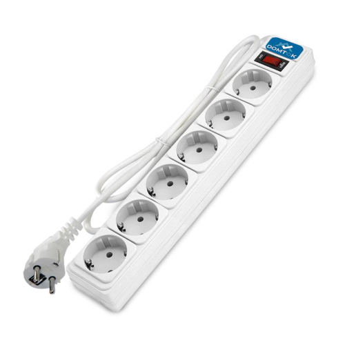 Удлинитель с сетевым фильтром 6х5м с заземл 10А IP20 2.2кВт ПВС 3х1 с выкл. бел. DOMTOK 2517 Удлинитель с сетевым фильтром 6х5м с заземл 10А IP20 2.2кВт ПВС 3х1 с выкл. бел. DOMTOK 2517