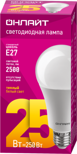 Лампа светодиодная 61 953 OLL-A60-25-230-2.7K-E27 25Вт грушевидная 2700К тепл. бел. E27 2500лм 176-264В ОНЛАЙТ 61953 фото 2
