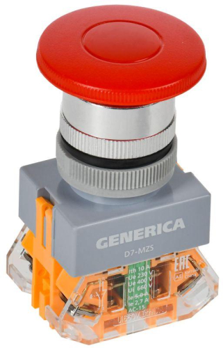 Кнопка D7-MZS "Грибок" d22мм 1НО+1НЗ с фиксацией красн. GENERICA BBG50-11MZS-3-21-K04-G
