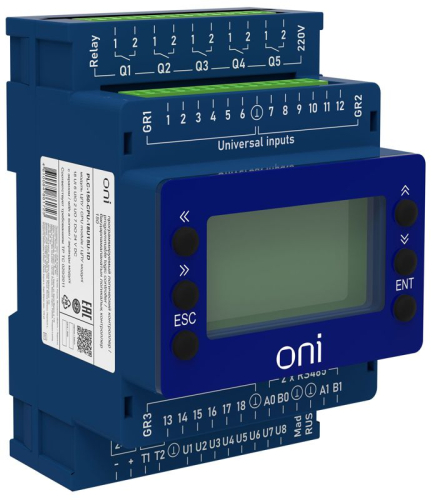 Модуль ЦПУ ПЛК 150 18 UI 6 UIO 2 UO 7 DO 24В DC с экраном ONI PLC-150-CPU-18U15U-1D