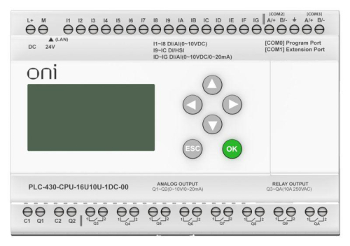 Модуль ЦПУ ПЛК 430 4 DI 12 UI (0-10В/DI) 8 RO 2 AO (1шт 0-10В и 1шт 0-20мА) 24В DC с Ethernet портом с экраном ONI PLC-430-CPU-16U10U-1DC-00 фото 2