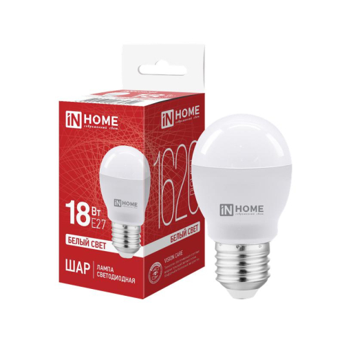 Лампа светодиодная LED-ШАР-VC 18Вт шар 4000К E27 1620лм 230В IN HOME 4690612065342 Лампа светодиодная LED-ШАР-VC 18Вт шар 4000К E27 1620лм 230В IN HOME 4690612065342