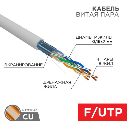 Кабель витая пара F/UTP кат.5e 4х2х24AWG PVC INDOOR медь МЖ сер. (305м) Rexant 01-0145 Кабель витая пара F/UTP кат.5e 4х2х24AWG PVC INDOOR медь МЖ сер. (305м) Rexant 01-0145