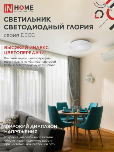 Светильник светодиодный DECO ГЛОРИЯ 48Вт 4000К 4320лм 230В 380х55мм IN HOME 4690612038636 фото 5