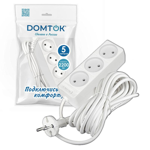 Удлинитель 3х5м без заземл. 10А IP20 2.2кВт ПВС 2х1 бел. DOMTOK 2352 фото 2