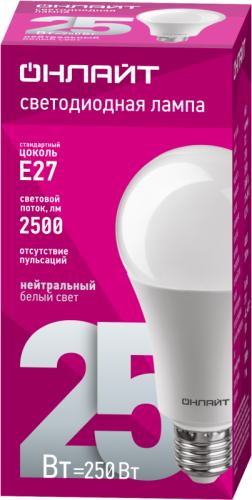 Лампа светодиодная 61 954 OLL-A60-25-230-4K-E27 25Вт грушевидная 4000К нейтр. бел. E27 2500лм 176-264В ОНЛАЙТ 61954 фото 2 Лампа светодиодная 61 954 OLL-A60-25-230-4K-E27 25Вт грушевидная 4000К нейтр. бел. E27 2500лм 176-264В ОНЛАЙТ 61954 фото 2