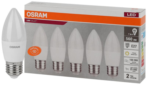 Лампа светодиодная LED Value LVCLB60 7SW/830 7Вт свеча матовая E27 230В 2х5 RU (уп.5шт) OSRAM 4058075578012 Лампа светодиодная LED Value LVCLB60 7SW/830 7Вт свеча матовая E27 230В 2х5 RU (уп.5шт) OSRAM 4058075578012