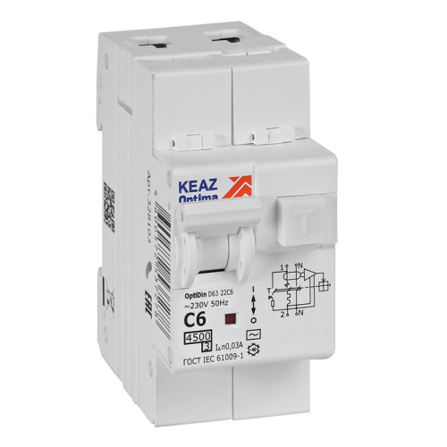 Выключатель автоматический дифференциального тока 2п OptiDin D63-22C6-AC-У3 C6 30мА 4.5кА с защитой от сверхтоков КЭАЗ 328103 Выключатель автоматический дифференциального тока 2п OptiDin D63-22C6-AC-У3 C6 30мА 4.5кА с защитой от сверхтоков КЭАЗ 328103