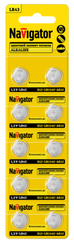 Элемент питания алкалиновый "таблетка" 95 662 NBT-05 (LR43 AG12 LR1142 BP10) (блист.10шт) Navigator 95662