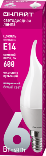 Лампа светодиодная 71 621 OLL-FC37-6-230-4K-E14-FR 6Вт свеча на ветру 4000К нейтр. бел. E14 600лм 176-264В ОНЛАЙТ 71621 фото 2