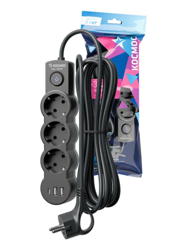 Удлинитель 3х3м с заземл. 10А IP20 USB 2800Вт 220В ПВС 3х1 с выкл. черн. КОСМОС YKsm3m3g-Z-VU10А-B Удлинитель 3х3м с заземл. 10А IP20 USB 2800Вт 220В ПВС 3х1 с выкл. черн. КОСМОС YKsm3m3g-Z-VU10А-B