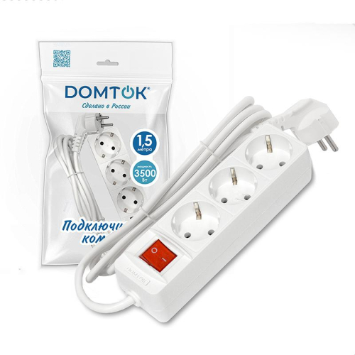 Удлинитель 3х1.5м с заземл. 16А IP20 3.5кВт ПВС 3х1 с выкл. бел. DOMTOK 2379 фото 2 Удлинитель 3х1.5м с заземл. 16А IP20 3.5кВт ПВС 3х1 с выкл. бел. DOMTOK 2379 фото 2