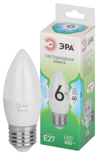 Лампа светодиодная GREEN LINE B35-6W-840-E27 GL 6Вт свеча 4000К яркий свет бел. E27 Эра Б0067132