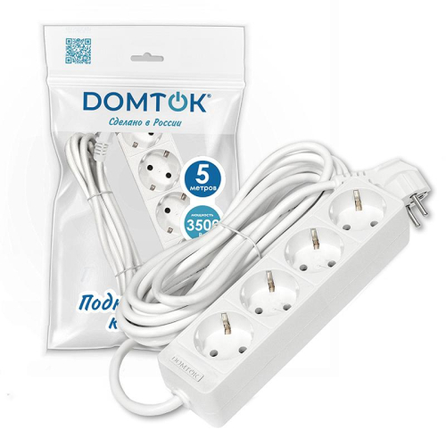Удлинитель 4х5м с заземл. 16А IP20 3.5кВт ПВС 3х1 бел. DOMTOK 2397 фото 2
