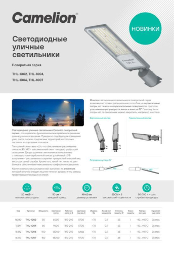 Светильник THL-1006 100Вт 5700К IP65 12000лм 180-240В 500х130х79 КСС "Ш" 1/10 ПВ уличный Camelion 16342 фото 2 Светильник THL-1006 100Вт 5700К IP65 12000лм 180-240В 500х130х79 КСС "Ш" 1/10 ПВ уличный Camelion 16342 фото 2